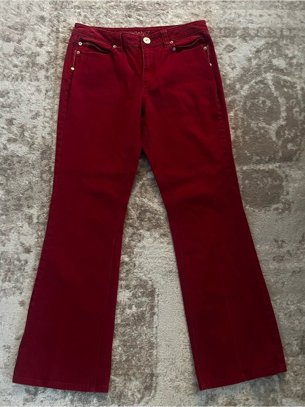 Gitano Womens Red Denim Flare Jeans Size 12 Embellished Pocket Rhinestone Y2K